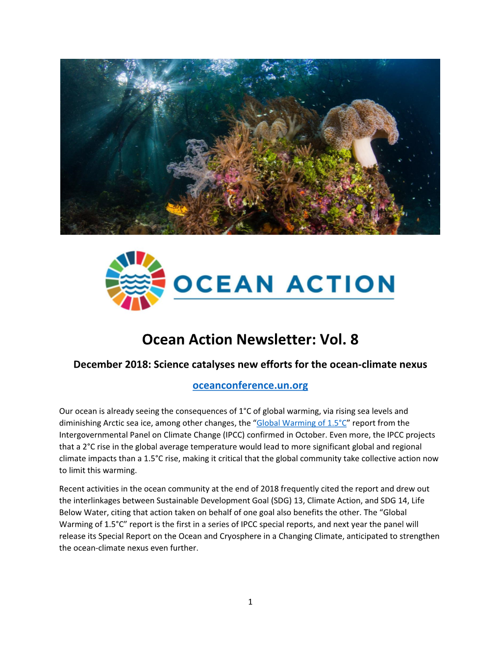 Ocean Action Newsletter: Vol. 8 December 2018: Science Catalyses New Efforts for the Ocean-Climate Nexus Oceanconference.Un.Org