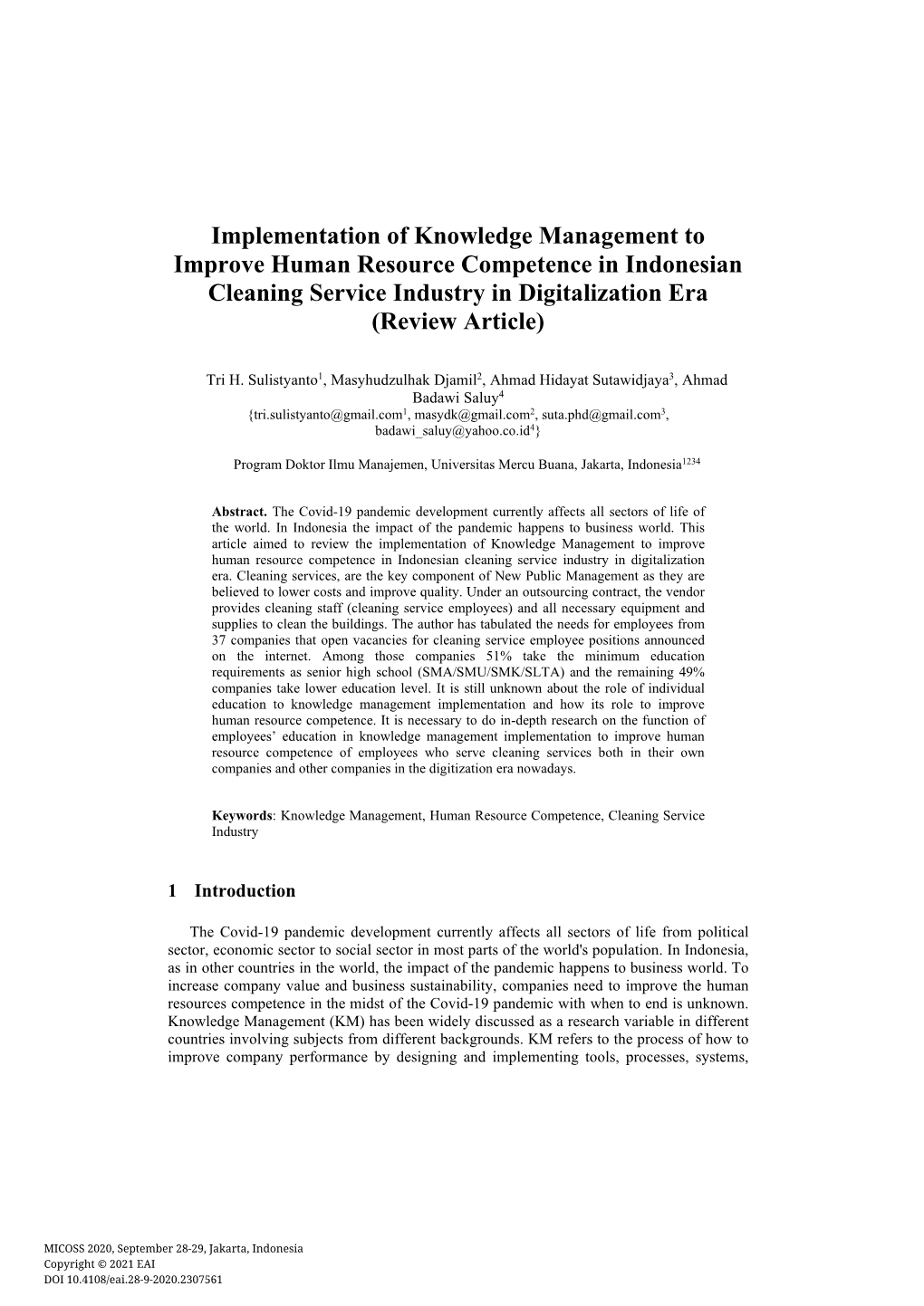 Implementation of Knowledge Management to Improve Human Resource Competence in Indonesian Cleaning Service Industry in Digitalization Era (Review Article)