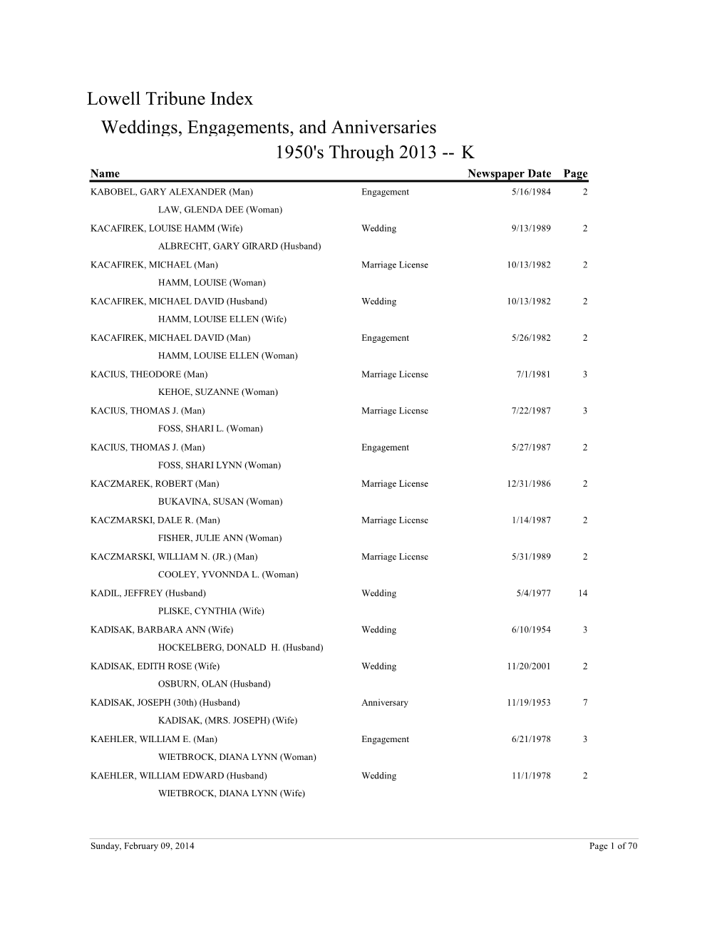 Weddings, Engagements, and Anniversaries K Lowell Tribune