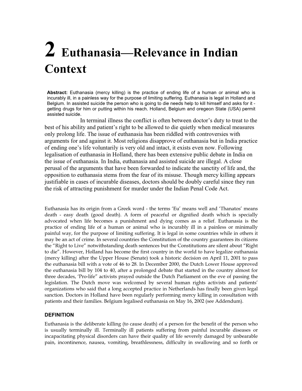 2 Euthanasia—Relevance in Indian Context