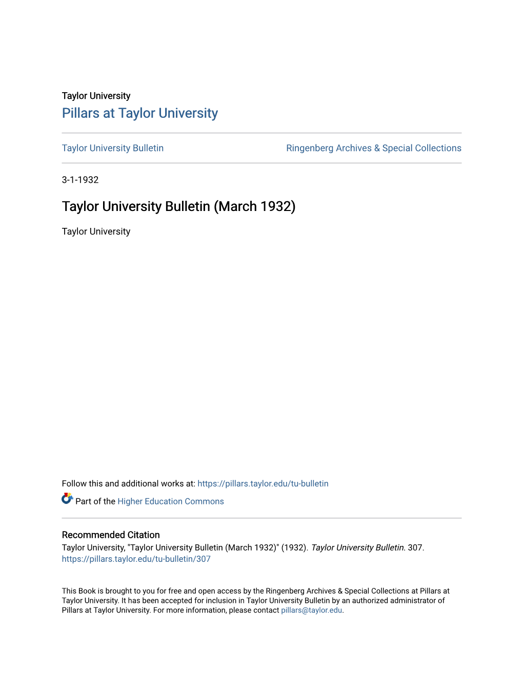 Taylor University Bulletin (March 1932)