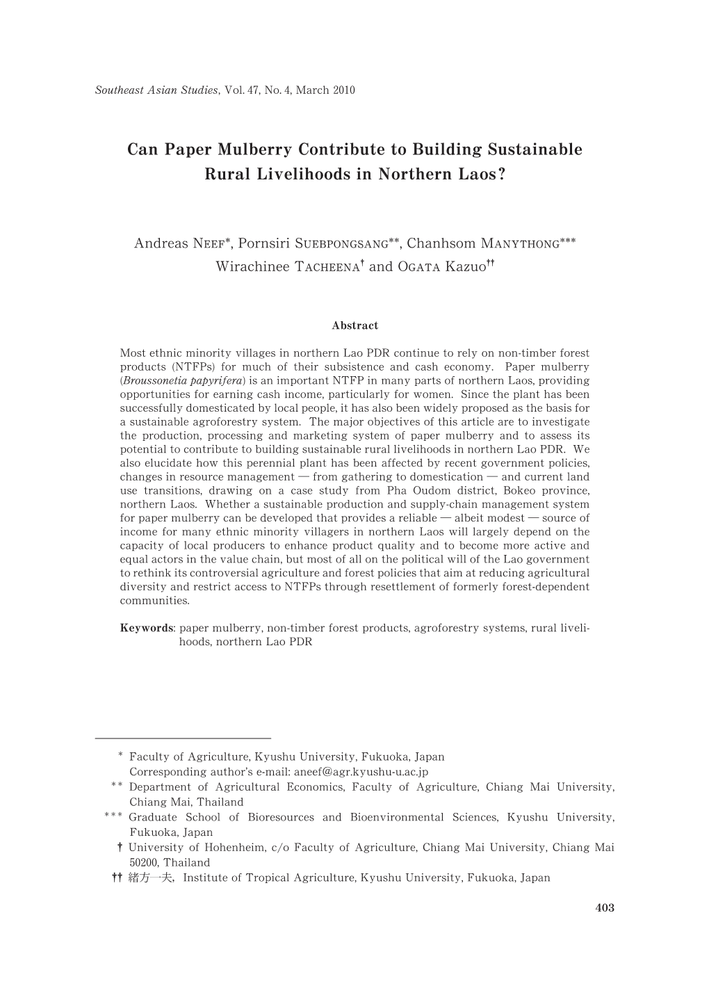 Can Paper Mulberry Contribute to Building Sustainable Rural Livelihoods in Northern Laos?