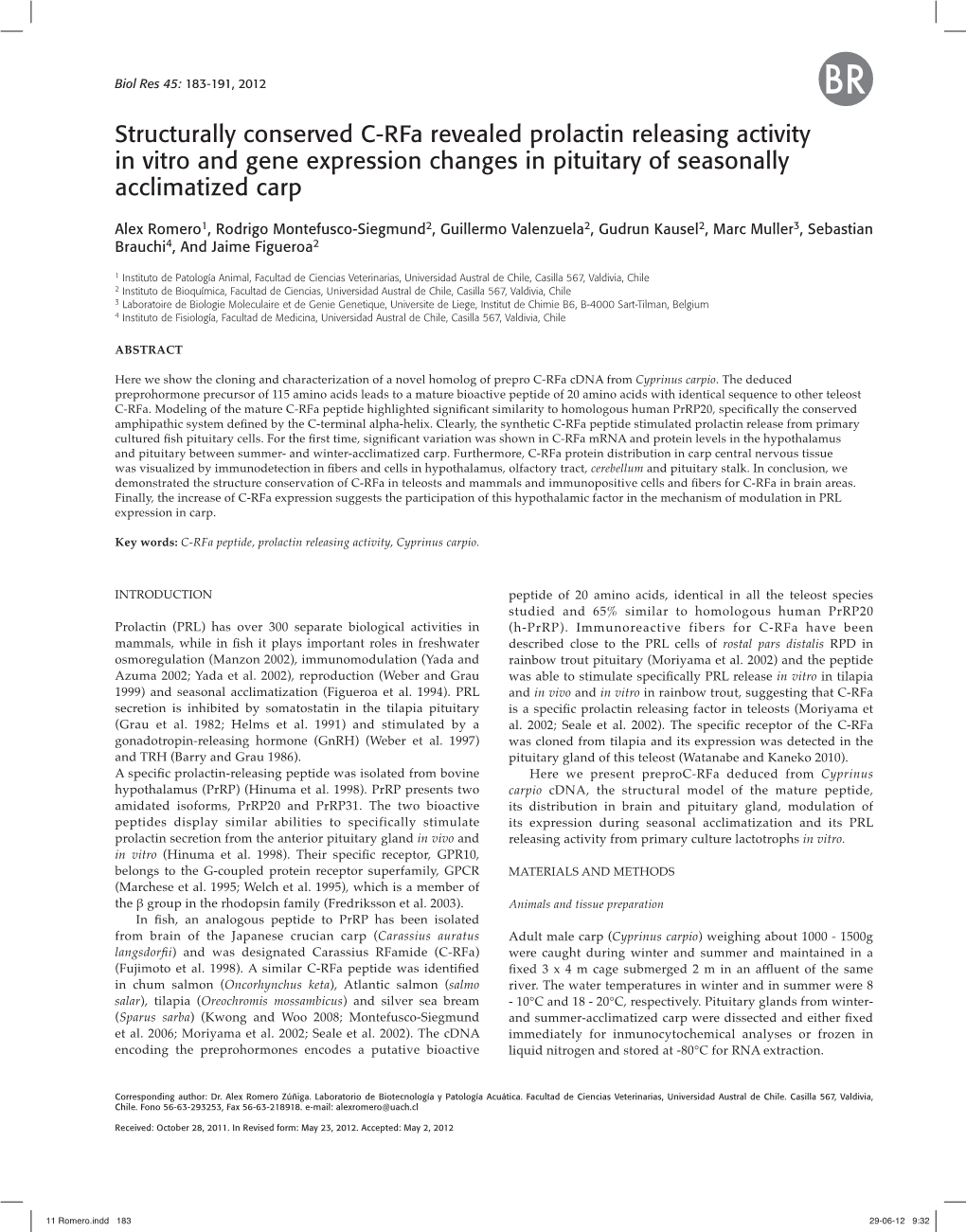 11 Romero.Inddromero.Indd 183183 229-06-129-06-12 9:329:32 184 ROMERO ET AL Biol Res 45, 2012, 183-191