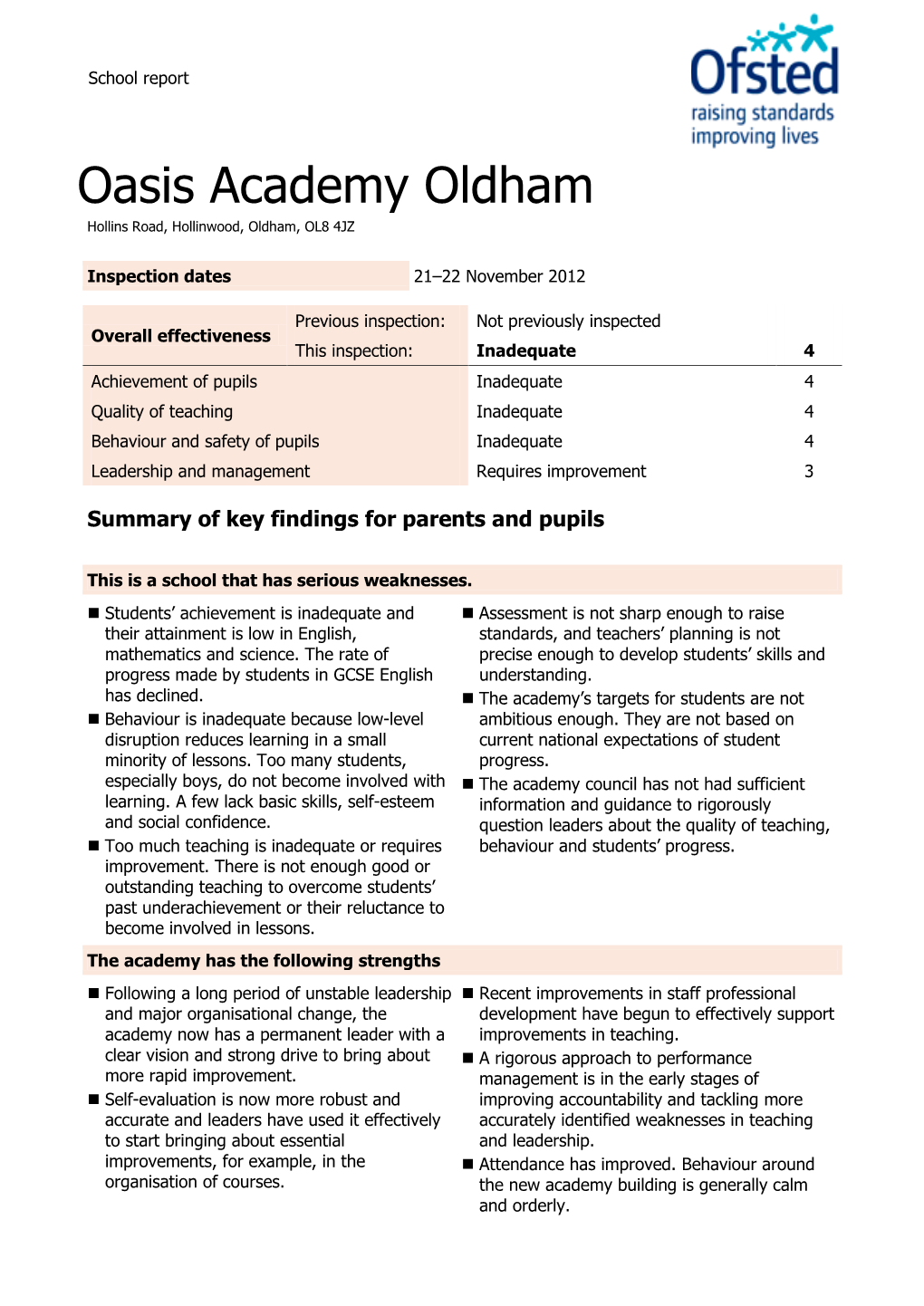 Oasis Academy Oldham Hollins Road, Hollinwood, Oldham, OL8 4JZ