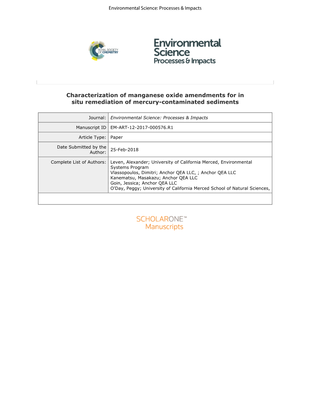 Characterization of Manganese Oxide Amendments for in Situ Remediation of Mercury-Contaminated Sediments