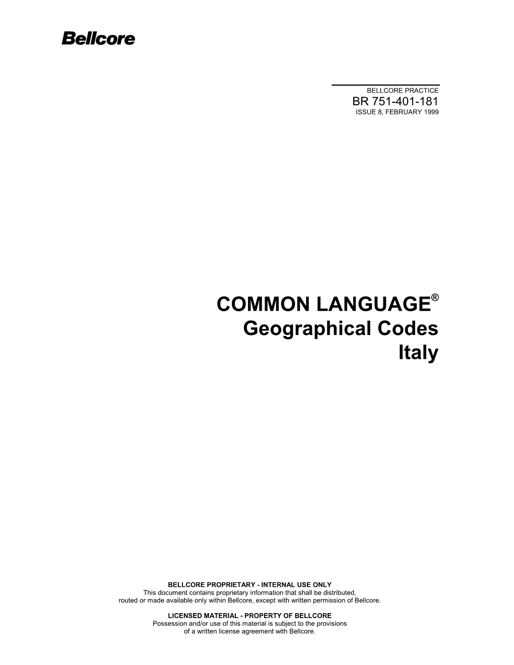 Common Language(R) Geographical Codes Italy