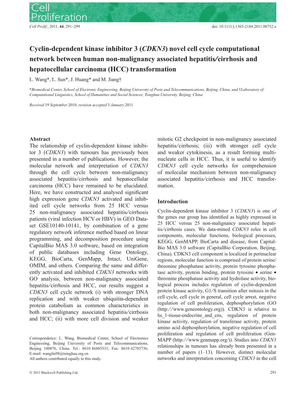 Cyclindependent Kinase Inhibitor 3 (CDKN3) Novel Cell Cycle Computational Network Between Human Nonmalignancy Associated Hepatit