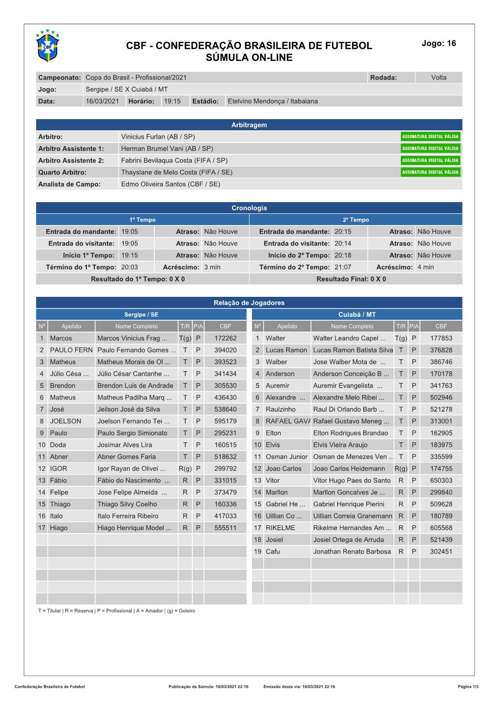 CBF - CONFEDERAÇÃO BRASILEIRA DE FUTEBOL Jogo: 16 SÚMULA ON-LINE