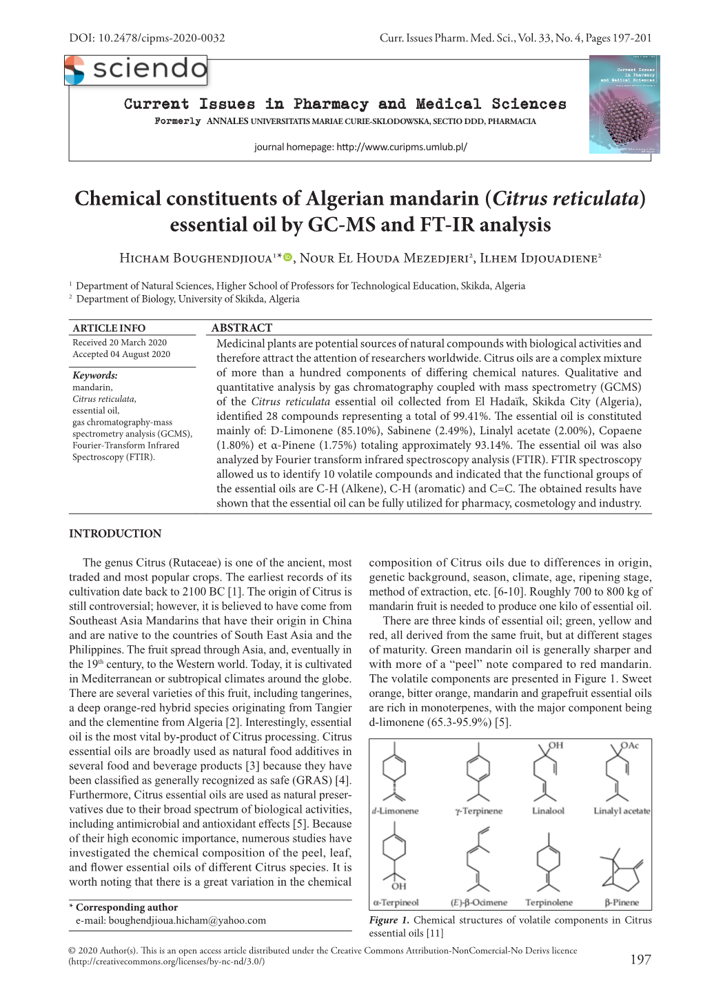 Chemical Constituents of Algerian Mandarin (Citrus Reticulata) Essential Oil by GC-MS and FT-IR Analysis