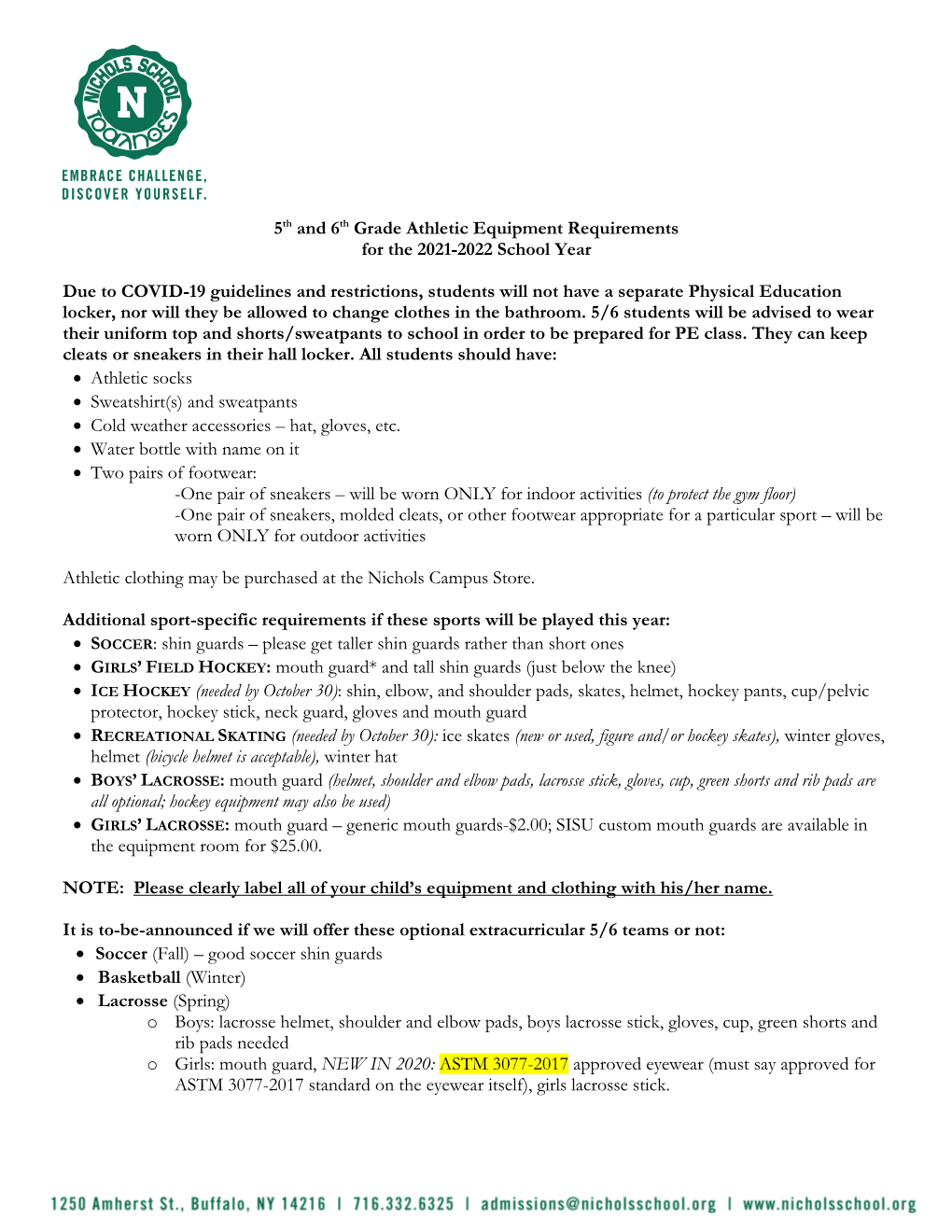 5Th and 6Th Grade Athletic Equipment Requirements for the 2021-2022 School Year