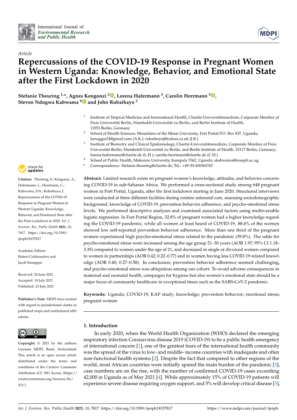 Repercussions of the COVID-19 Response in Pregnant Women in Western Uganda: Knowledge, Behavior, and Emotional State After the First Lockdown in 2020