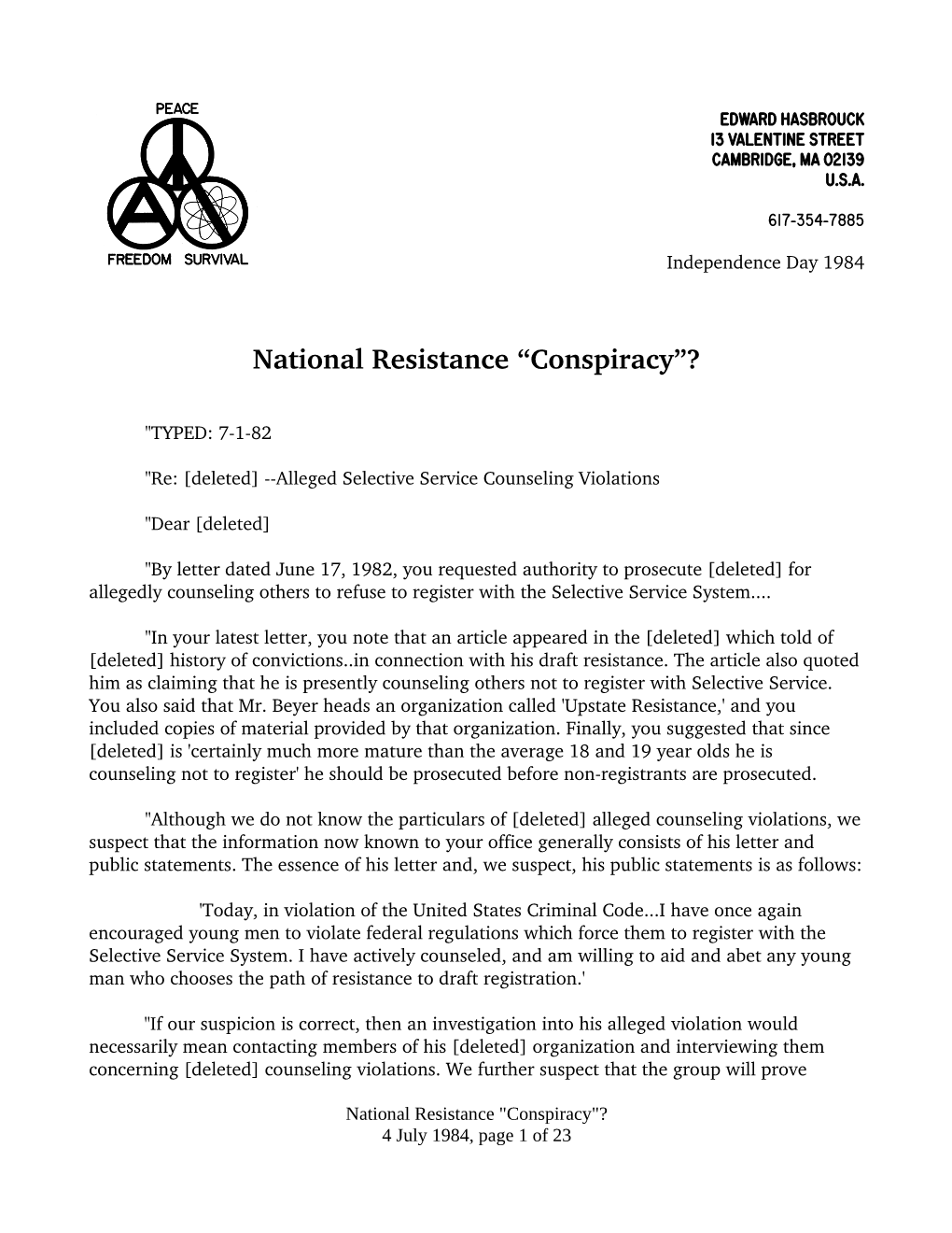 National Resistance “Conspiracy”?