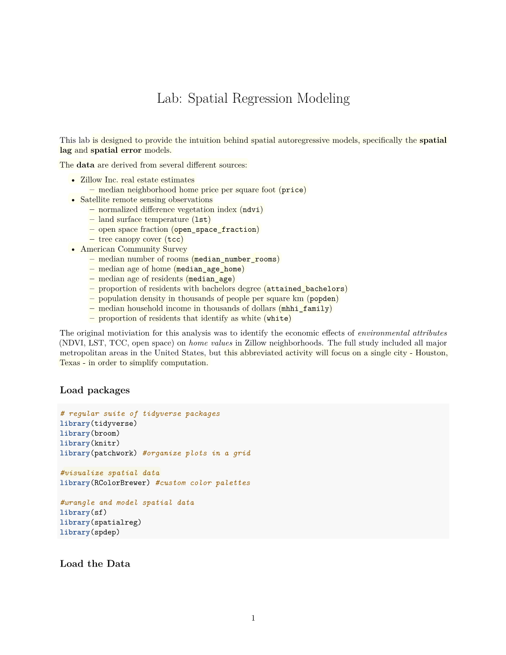 Lab: Spatial Regression Modeling