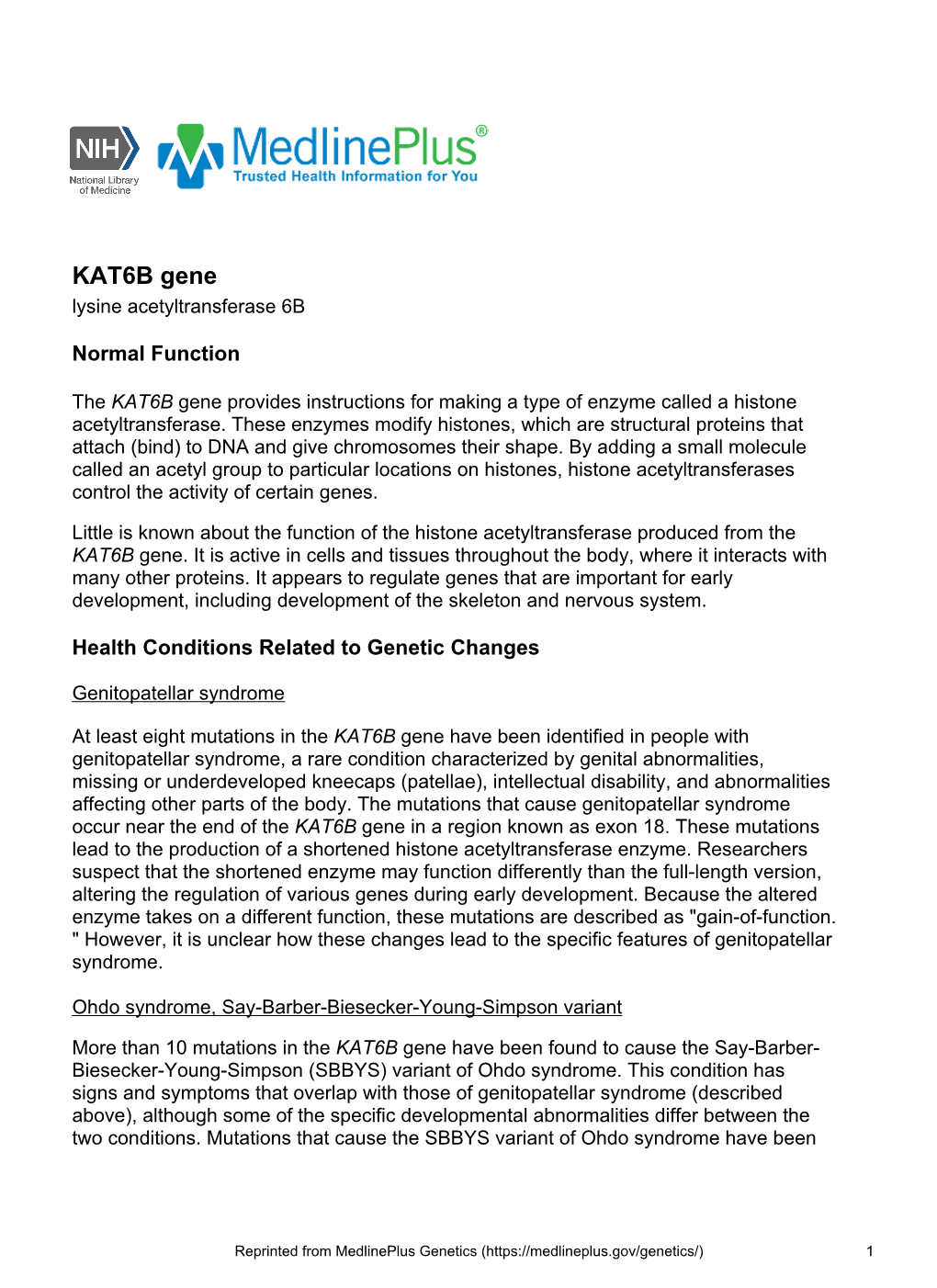 KAT6B Gene Lysine Acetyltransferase 6B