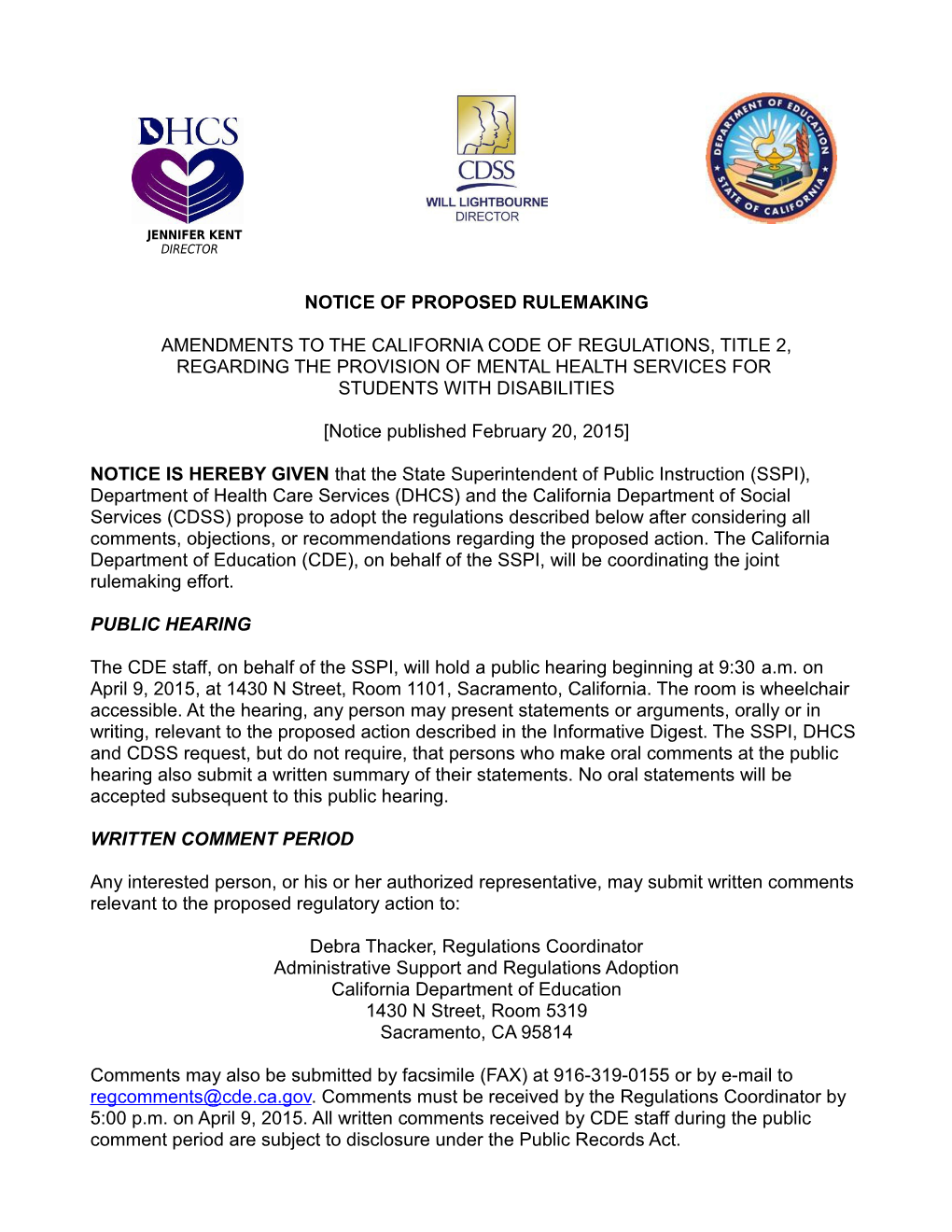 Notice of Proposed Rulemaking Title 2 - Laws & Regulations (CA Dept of Education)