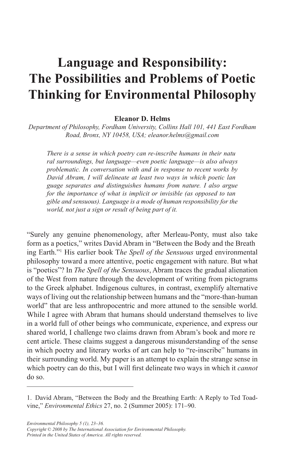 Language and Responsibility: the Possibilities and Problems of Poetic Thinking for Environmental Philosophy