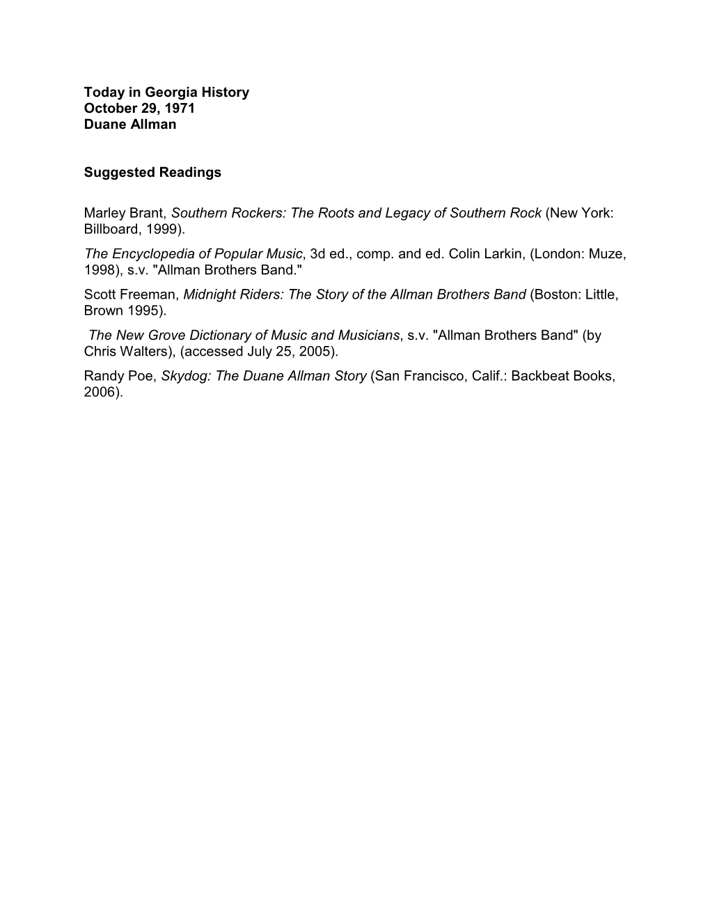 Today in Georgia History October 29, 1971 Duane Allman Suggested