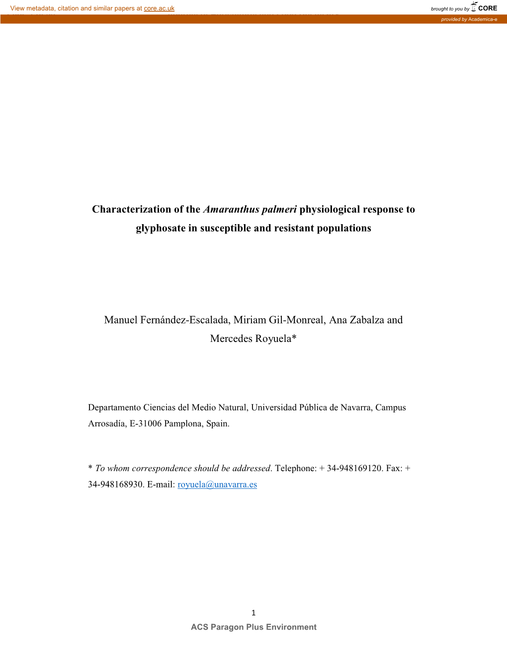 Characterization of the Amaranthus Palmeri Physiological Response to Glyphosate in Susceptible and Resistant Populations Manuel