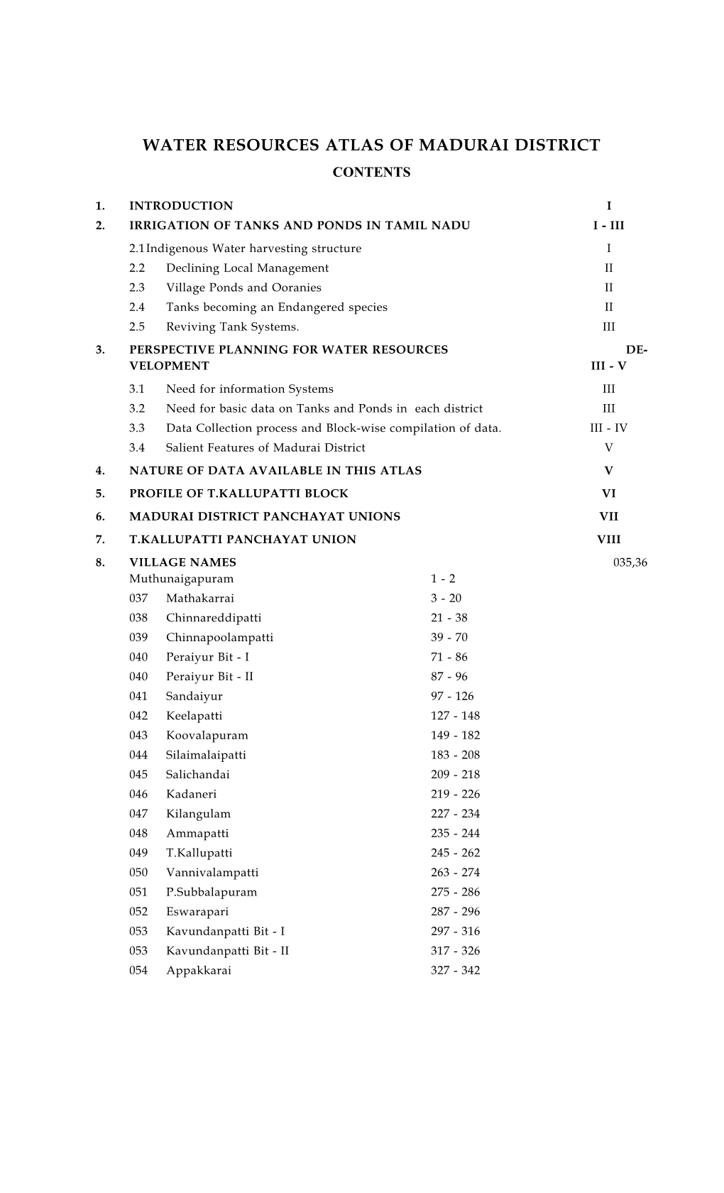 Water Resources Atlas of Madurai District Contents