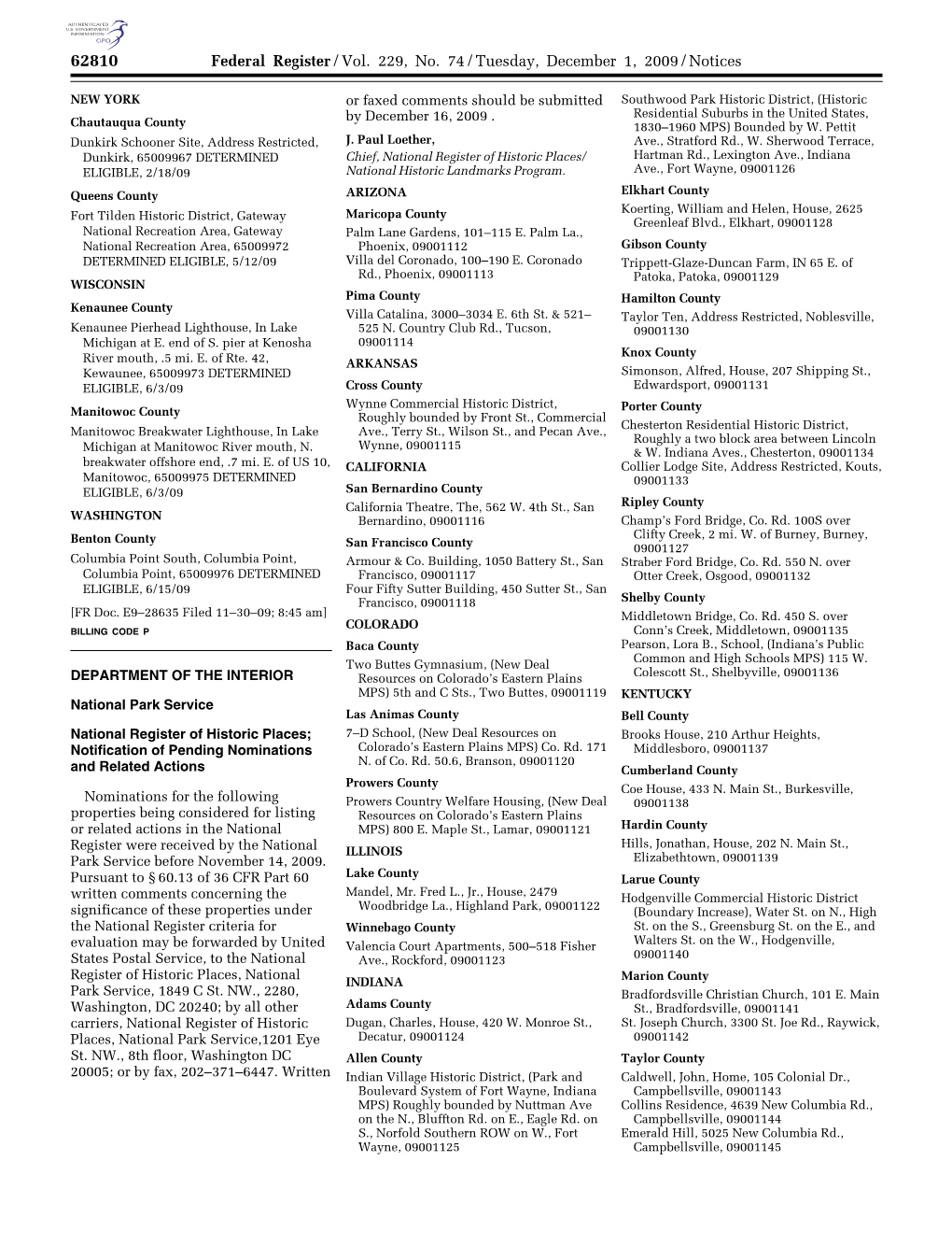 Federal Register/Vol. 229, No. 74/Tuesday, December 1, 2009