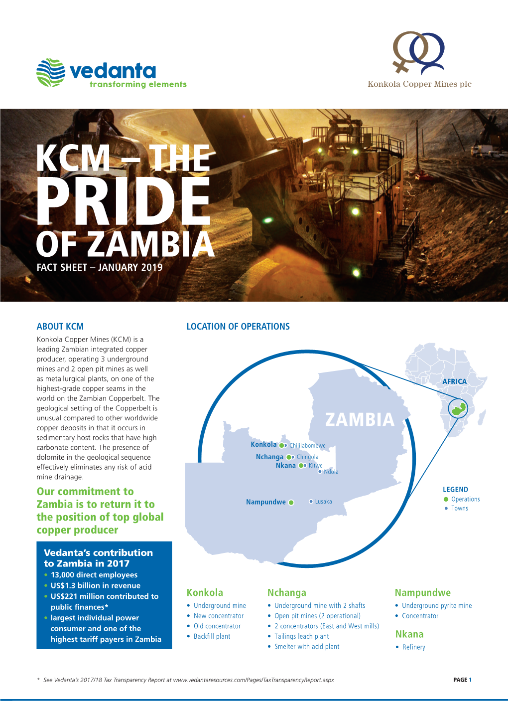 Kcm – the Pride of Zambia Fact Sheet – January 2019