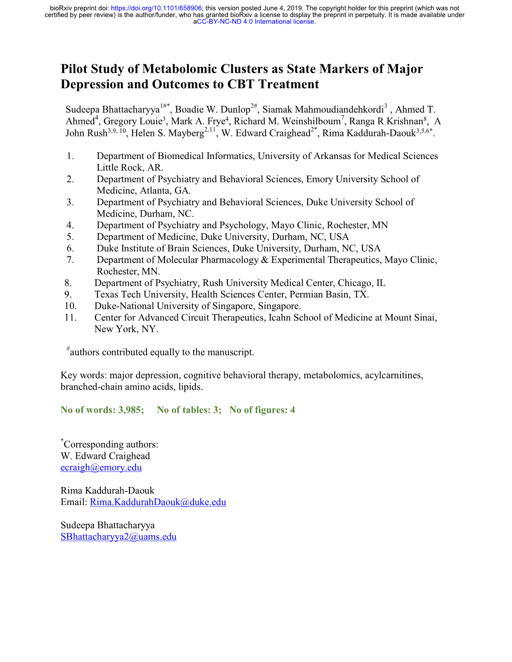 Pilot Study of Metabolomic Clusters As State Markers of Major Depression and Outcomes to CBT Treatment