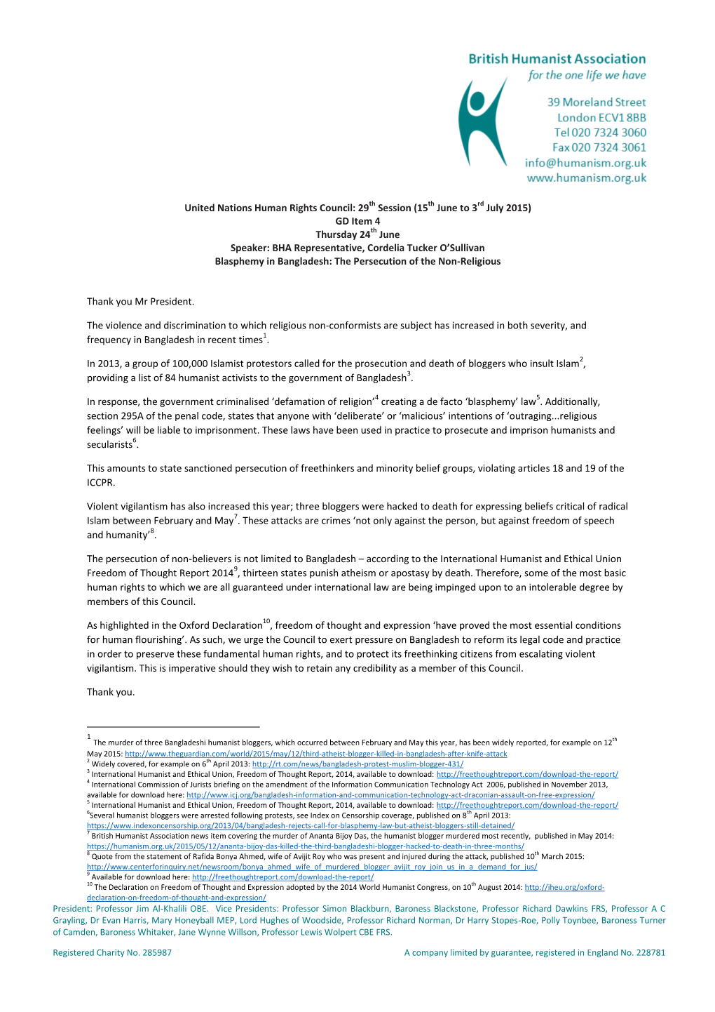 GD Item 4 Thursday 24Th June Speaker: BHA Representative, Cordelia Tucker O’Sullivan Blasphemy in Bangladesh: the Persecution of the Non-Religious