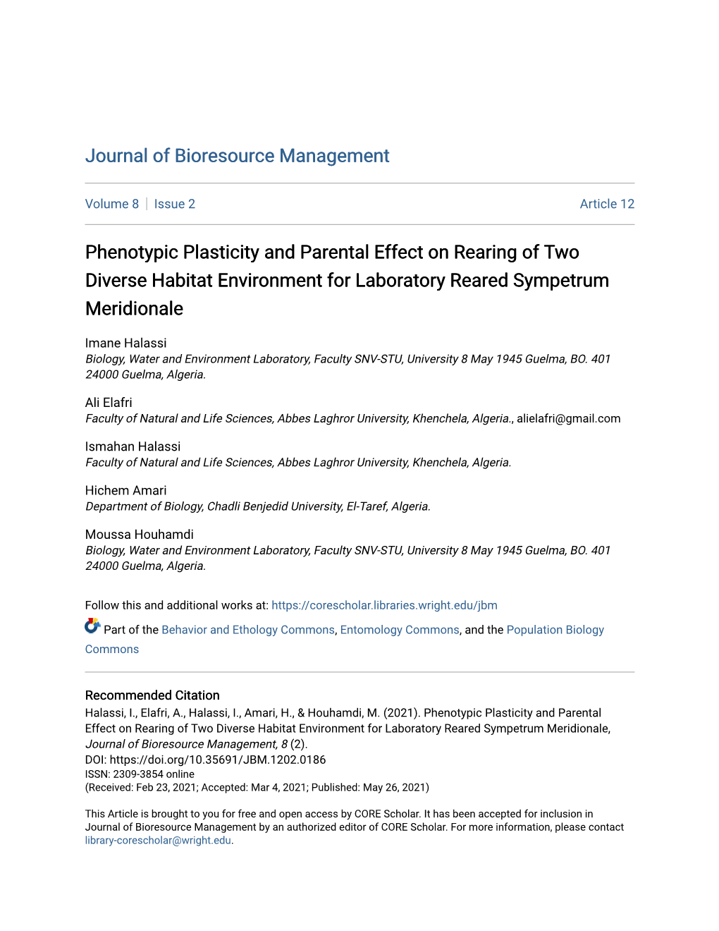 Phenotypic Plasticity and Parental Effect on Rearing of Two Diverse Habitat Environment for Laboratory Reared Sympetrum Meridionale