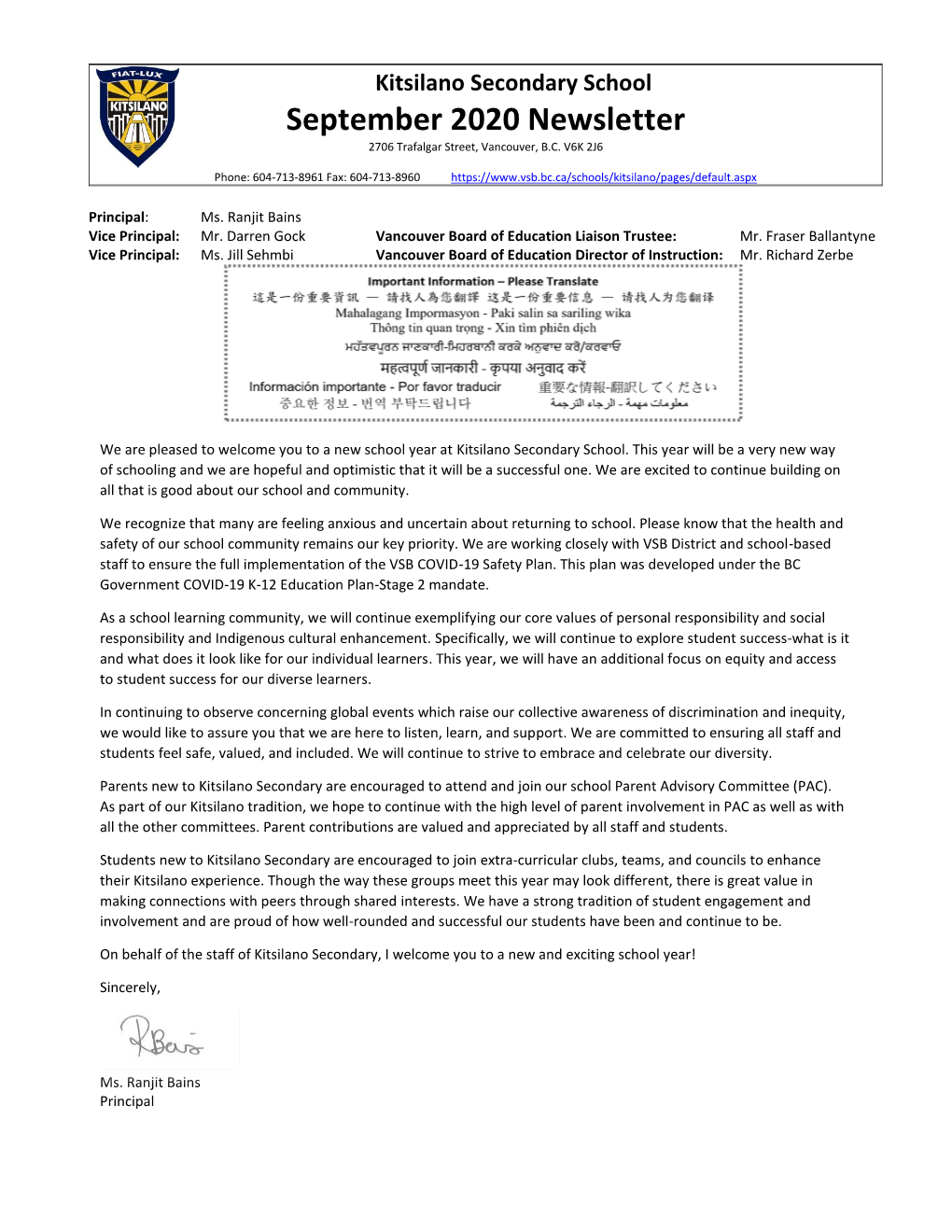 Kitsilano Secondary September 2020 Newsletter