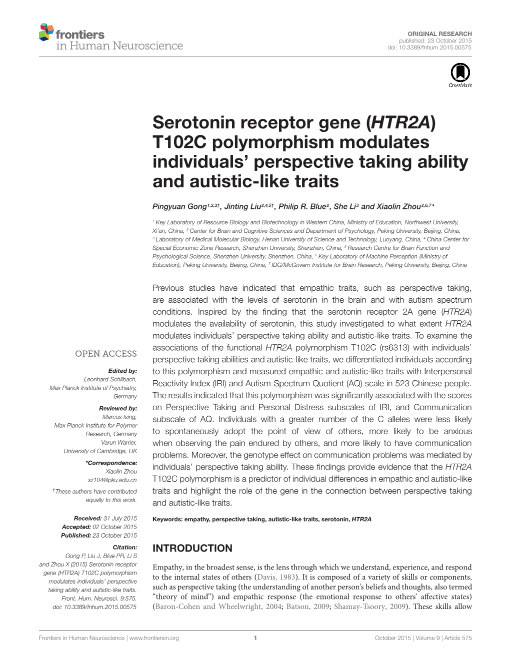 Serotonin Receptor Gene (HTR2A) T102C Polymorphism Modulates Individuals’ Perspective Taking Ability and Autistic-Like Traits