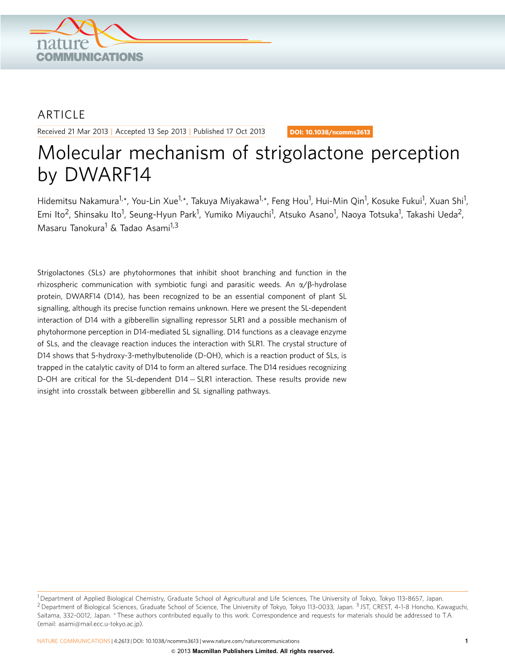 Molecular Mechanism of Strigolactone Perception by DWARF14