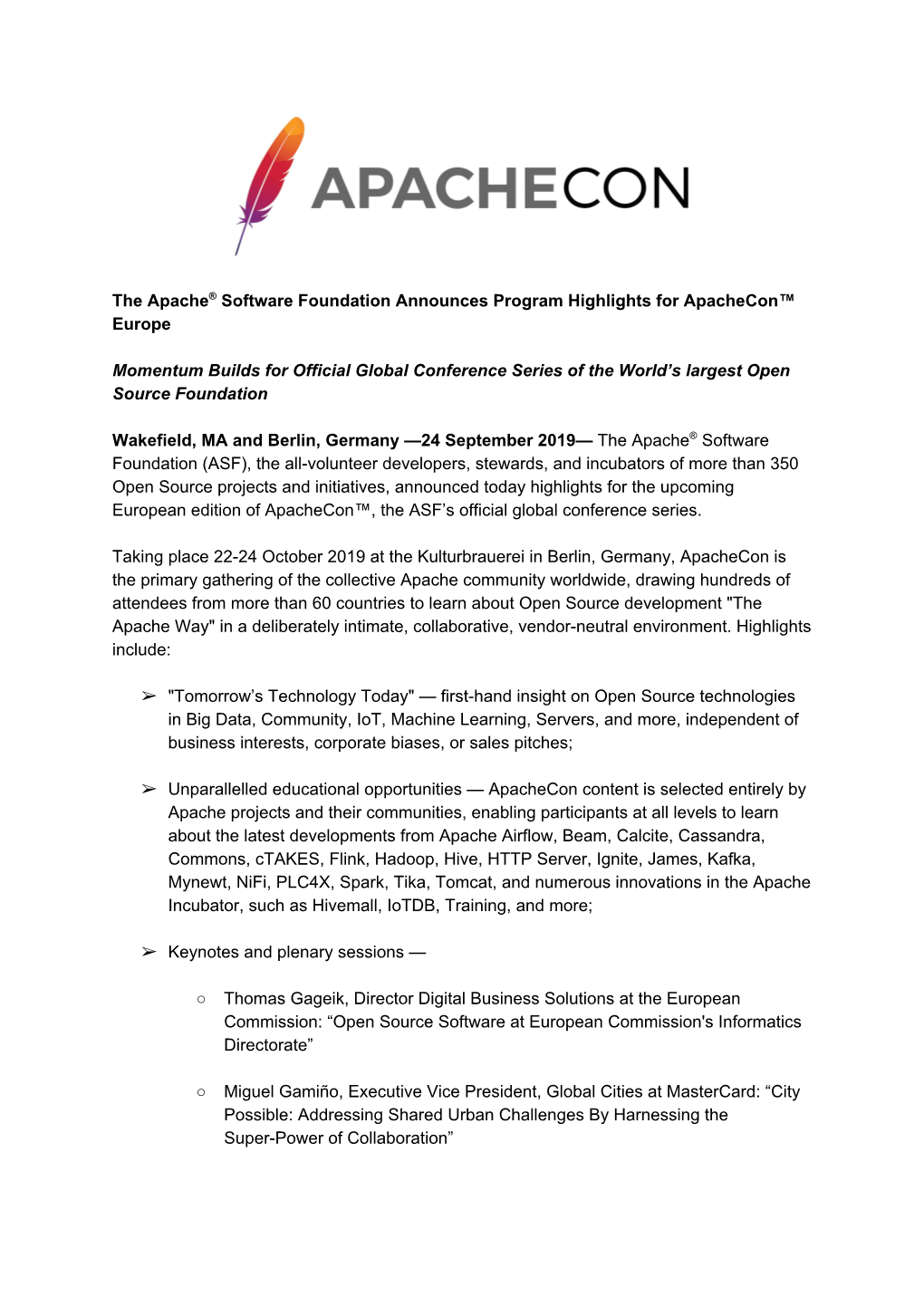 The Apache​®​ Software Foundation Announces Program Highlights For