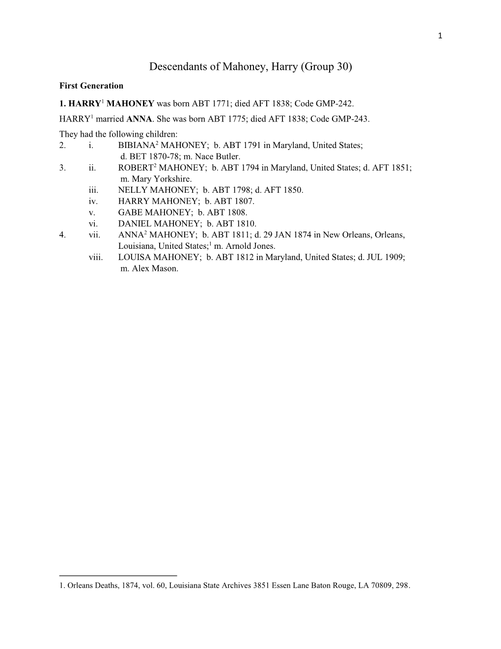 Descendants of Mahoney, Harry (Group 30)