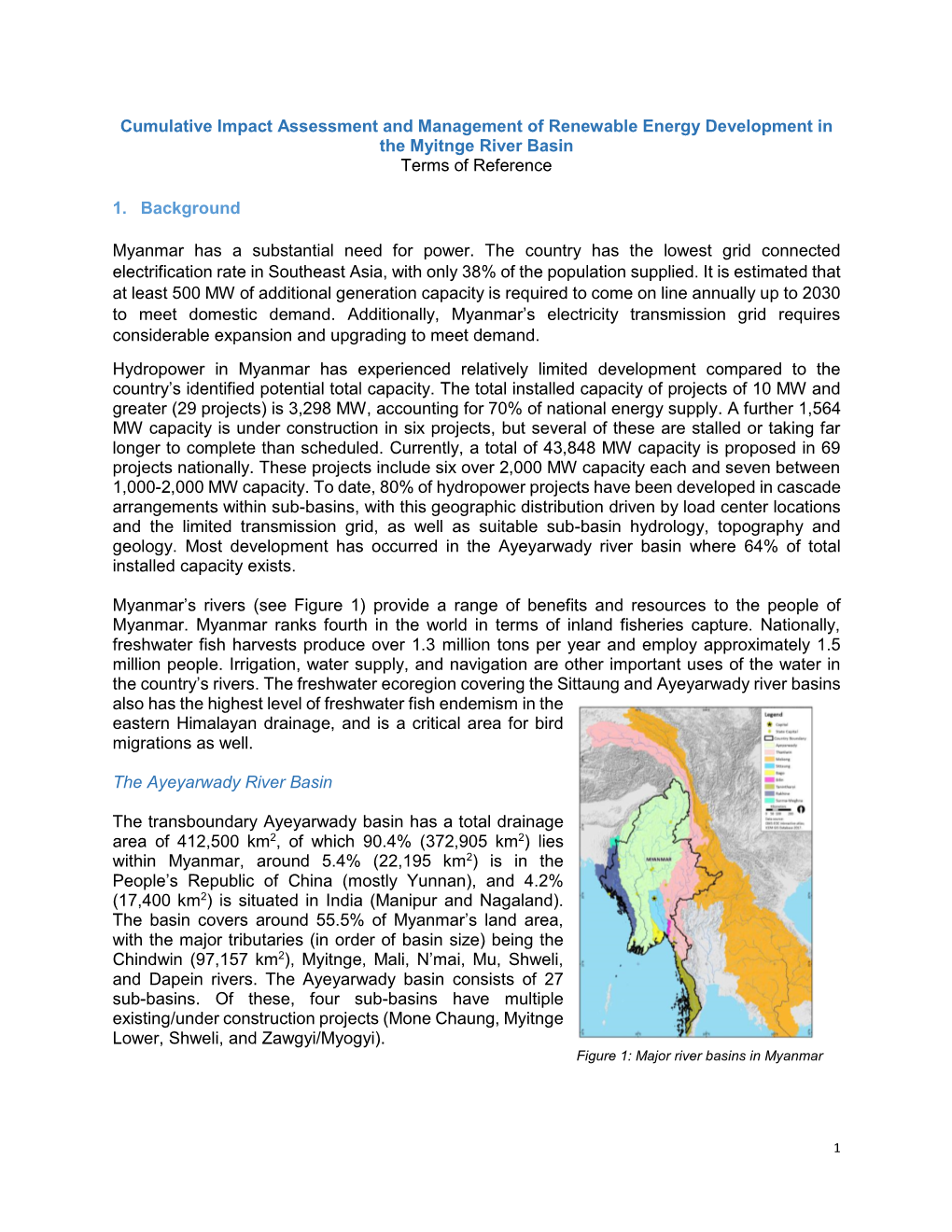 Cumulative Impact Assessment and Management of Renewable Energy Development in the Myitnge River Basin Terms of Reference