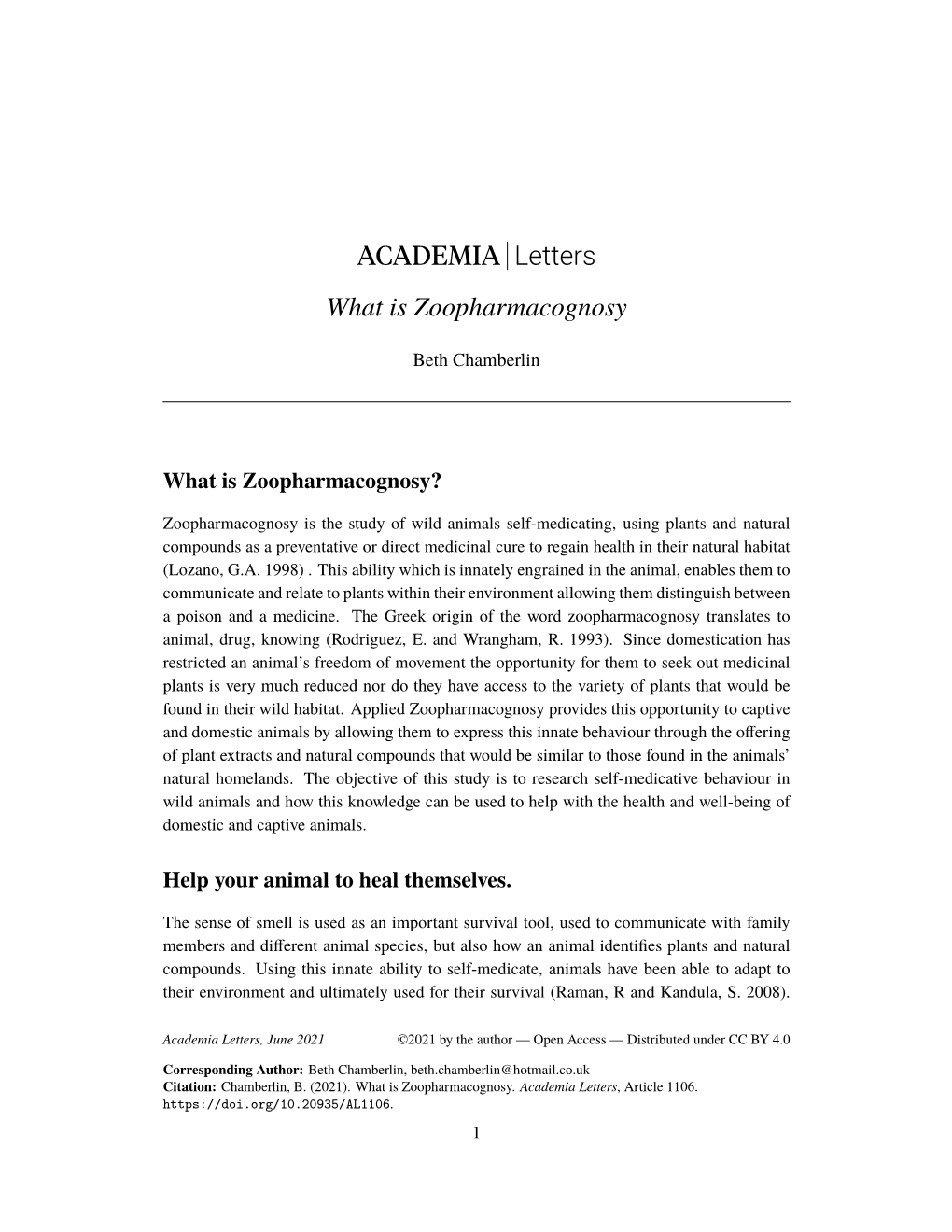 ACADEMIA Letters What Is Zoopharmacognosy