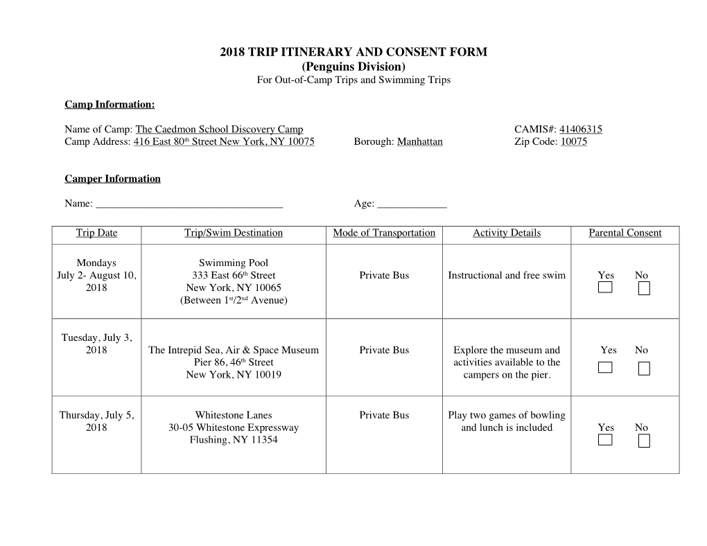 2018 TRIP ITINERARY and CONSENT FORM (Penguins Division) for Out-Of-Camp Trips and Swimming Trips