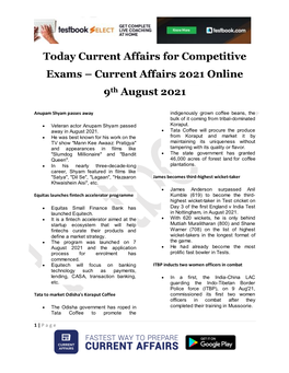 Current Affairs 2021 Online 9Th August 2021