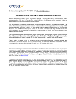 Cresa Represents Primark in Lease Acquisition in Poznań