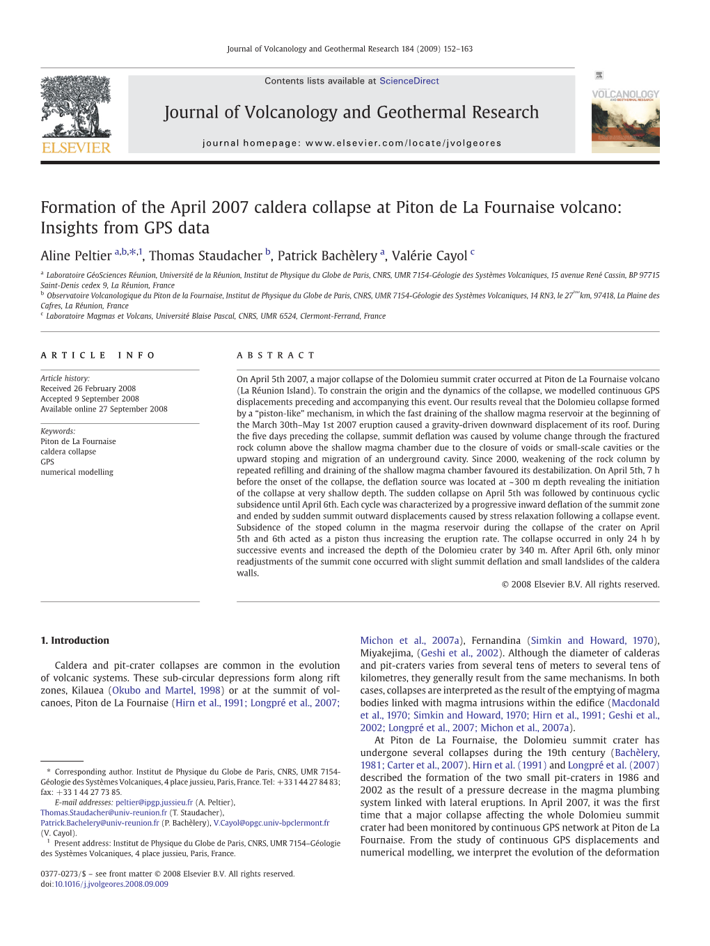 Formation of the April 2007 Caldera Collapse at Piton De La Fournaise Volcano: Insights from GPS Data