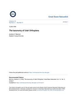 The Taxonomy of Utah Orthoptera