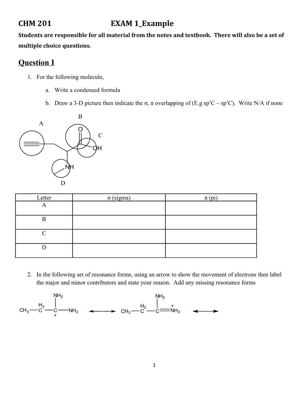 CHM 201 EXAM 1 Example Students Are Responsible for All Material from the Notes and Textbook