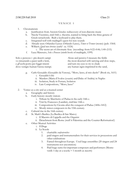 Lecture 21 Outline: Madrigal and Drama in Late Sixteenth-Century