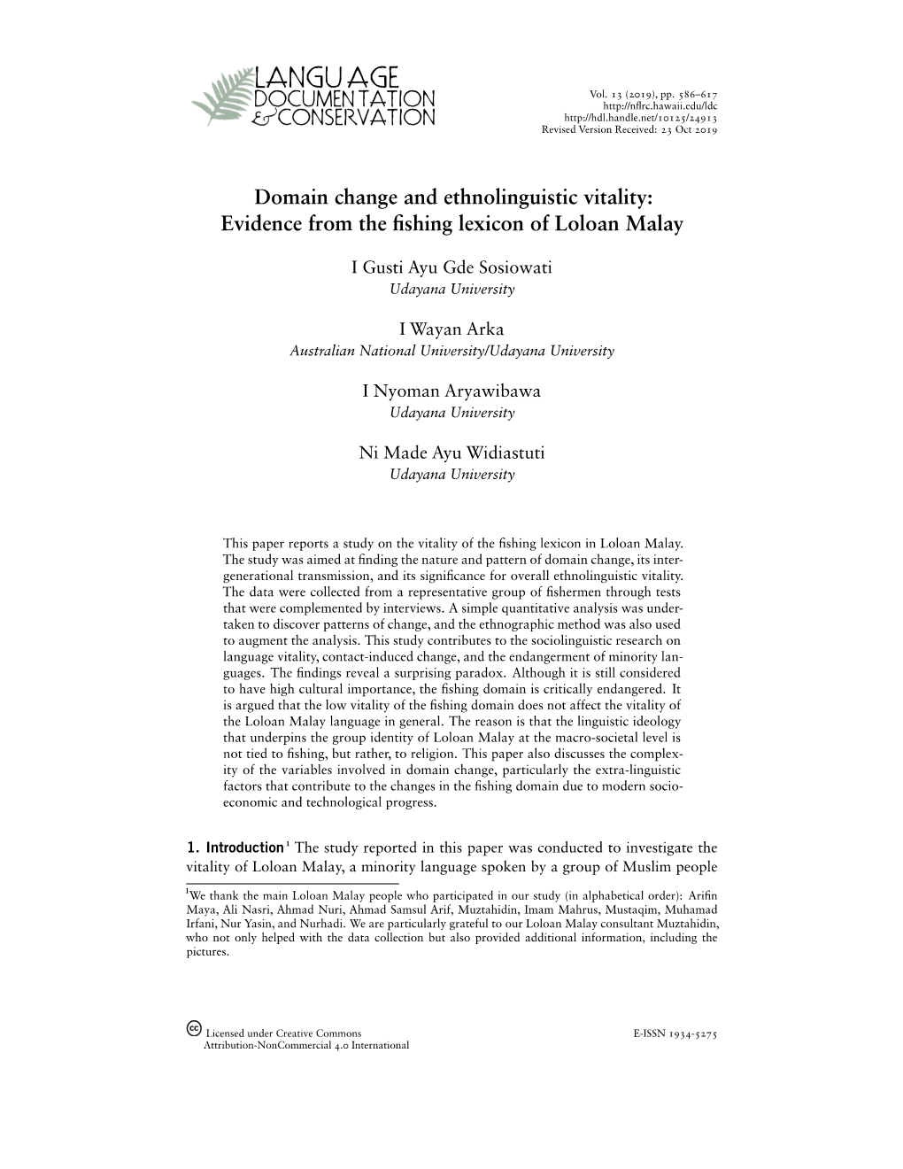 Domain Change and Ethnolinguistic Vitality: Evidence from the Fishing Lexicon of Loloan Malay