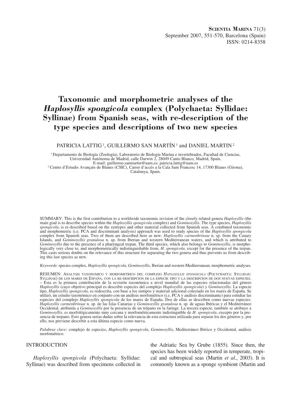 Taxonomic and Morphometric Analyses of the Haplosyllis