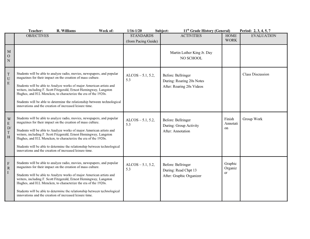 Teacher: R. Williams Week Of: 1/16-1/20 Subject: 11Th Grade History (General) Period