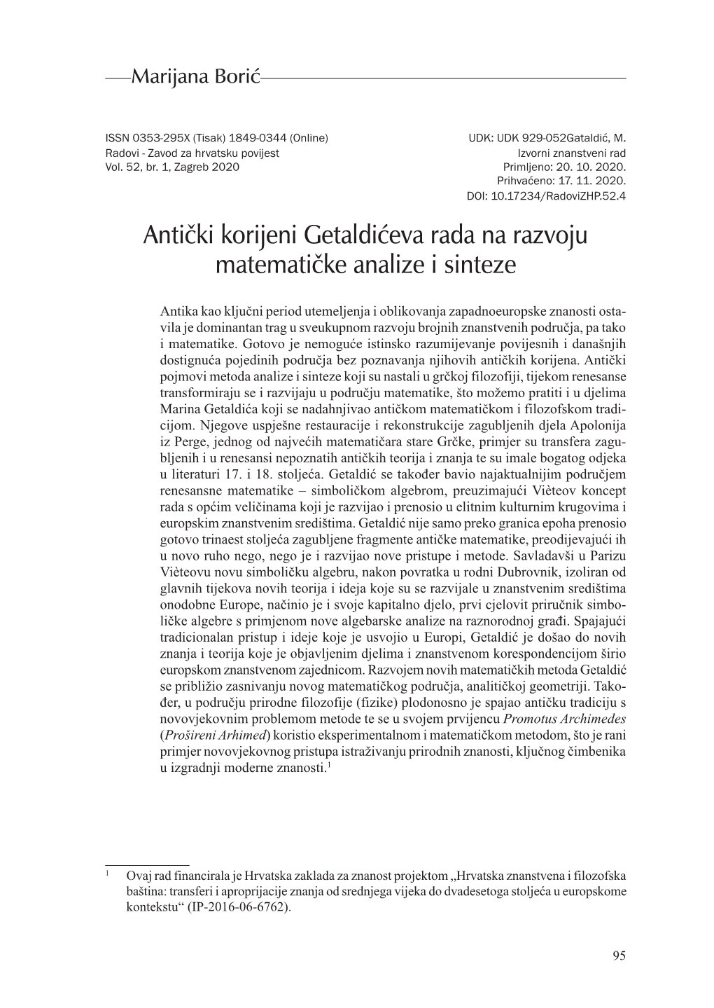 Antički Korijeni Getaldićeva Rada Na Razvoju Matematičke Analize I Sinteze