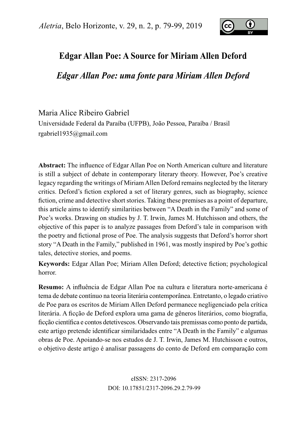 A Source for Miriam Allen Deford Edgar Allan
