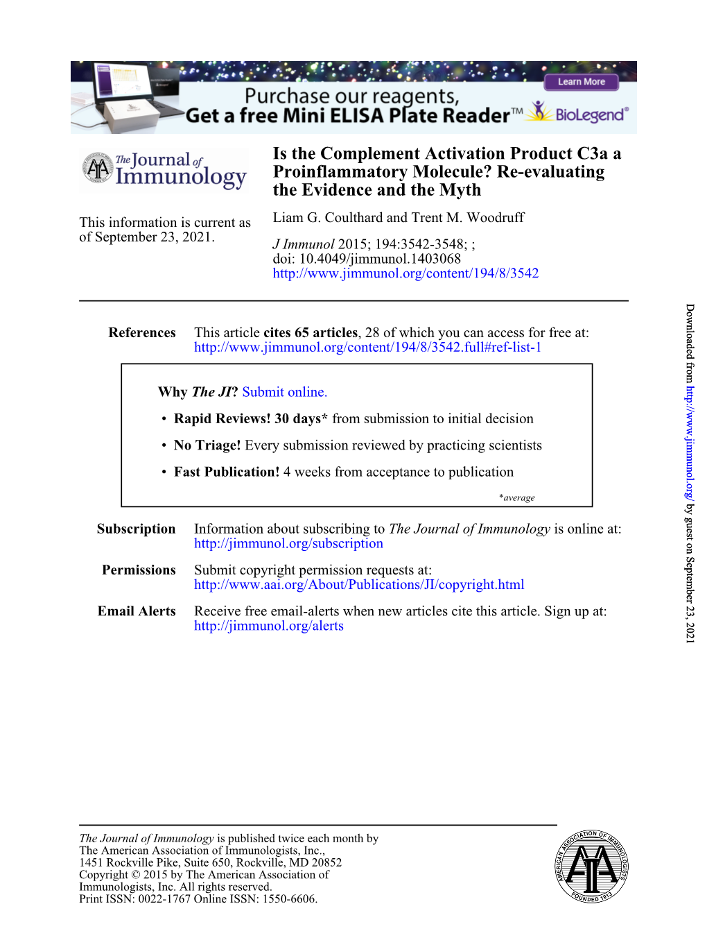 Re-Evaluating Is the Complement Activation Product C3a A