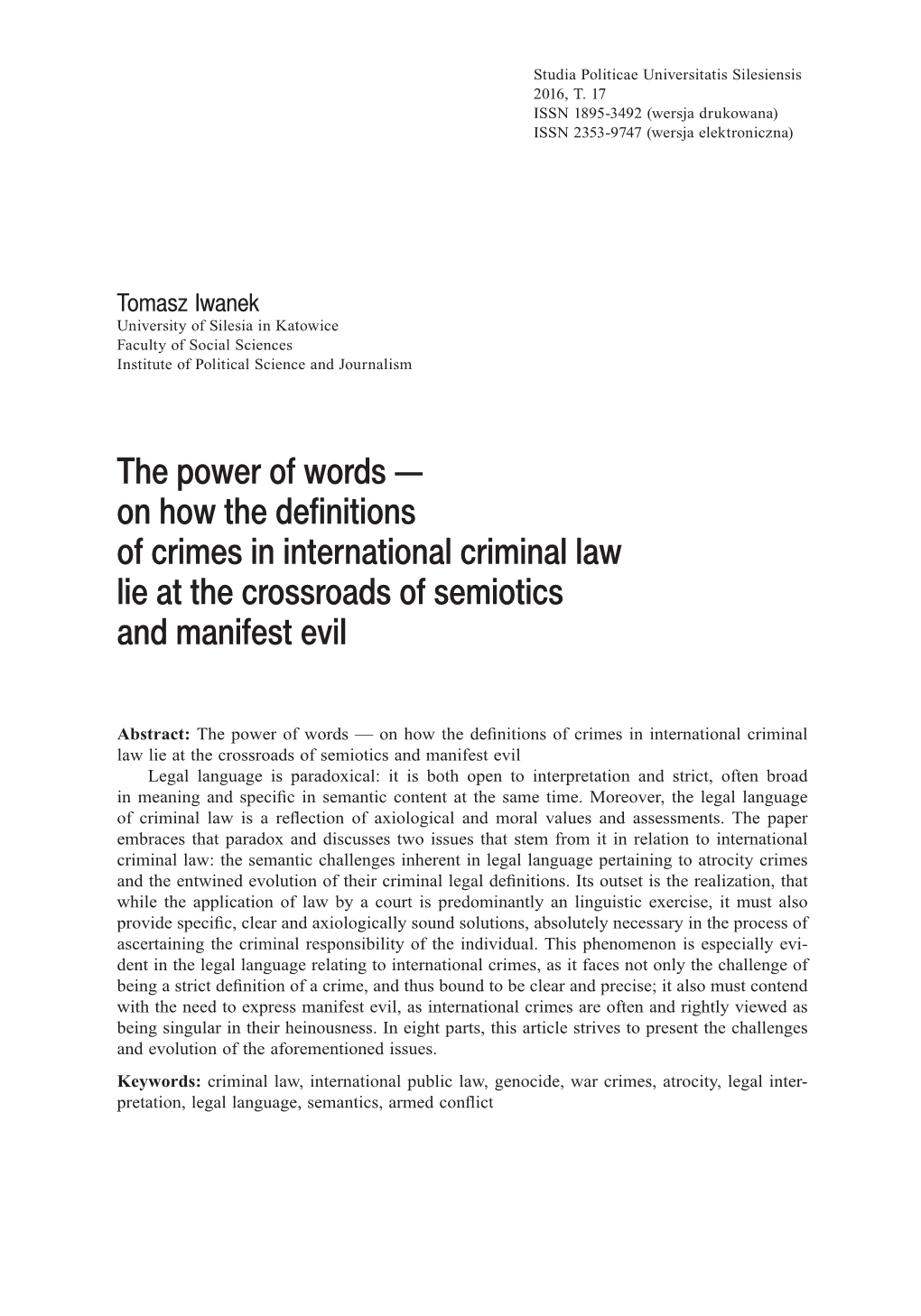 On How the Definitions of Crimes in International Criminal Law Lie at the Crossroads of Semiotics and Manifest Evil