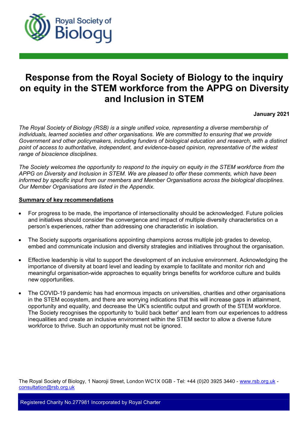 Response from the Royal Society of Biology to the Inquiry on Equity in the STEM Workforce from the APPG on Diversity and Inclusion in STEM
